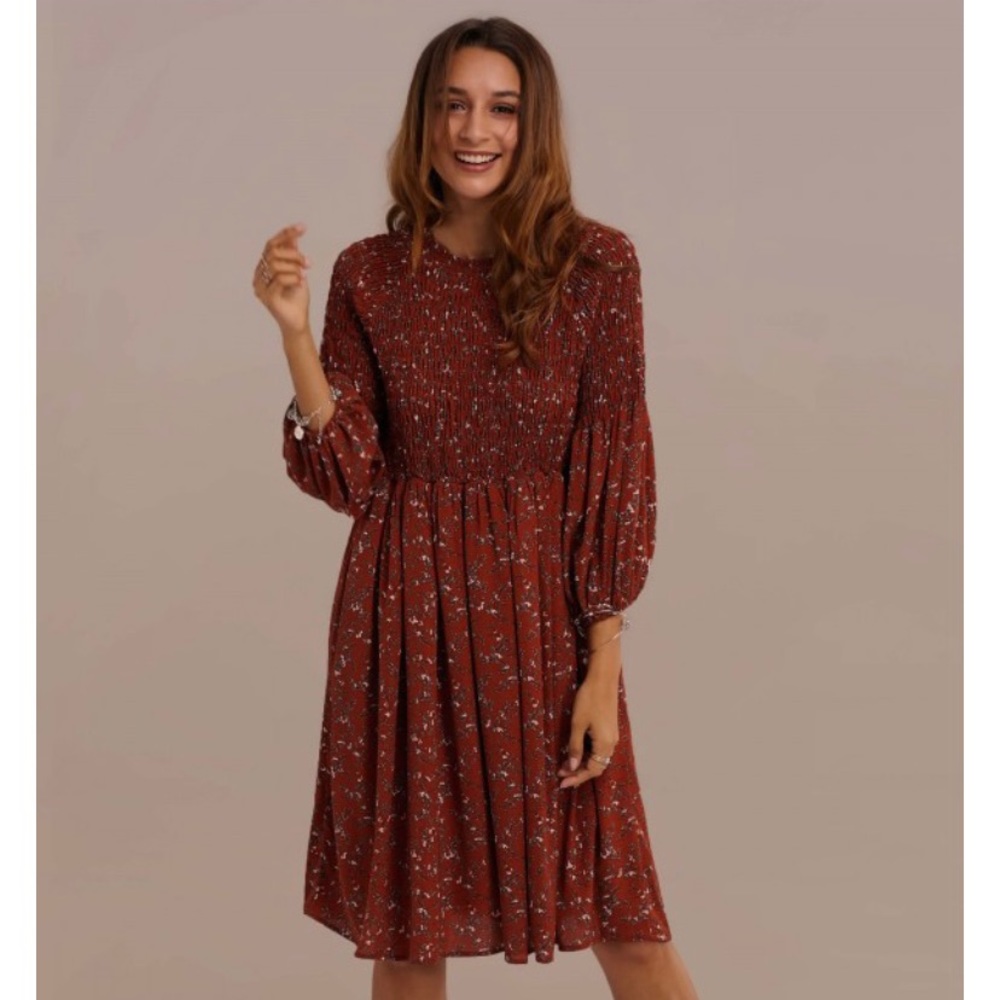 Rust 3/4 Length Sleeve Smocked Top Floral Dress